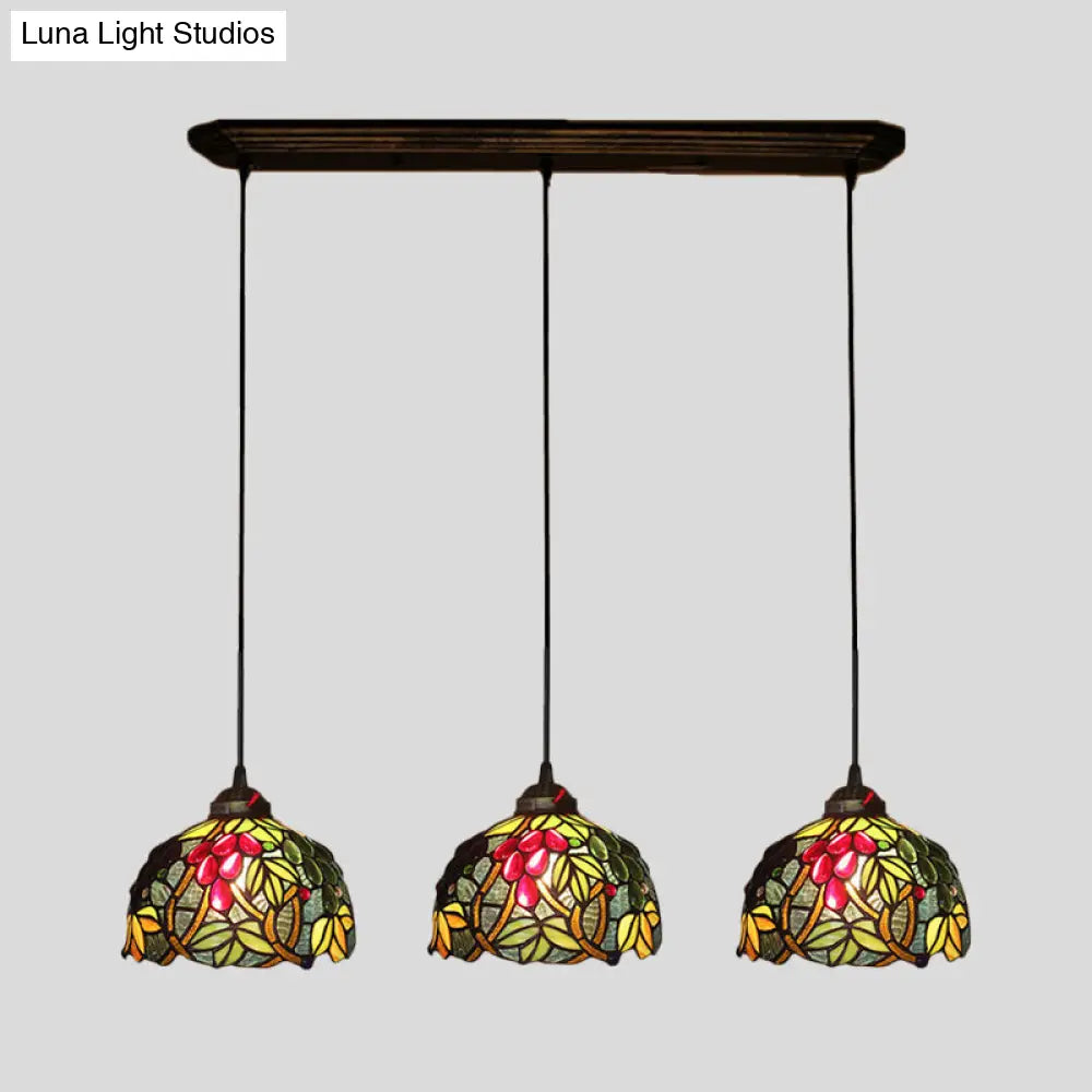 Victorian Pendant Lighting: Green Stained Glass Hanging Barrel Fixture With Grapevine Pattern