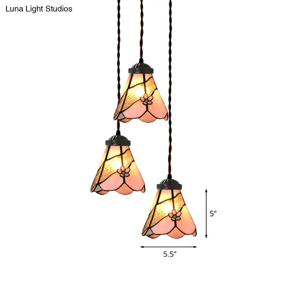 Victorian Bowl/Morning Glory Hanging Light Kit - 3-Light Pink Stained Glass Cluster Pendant