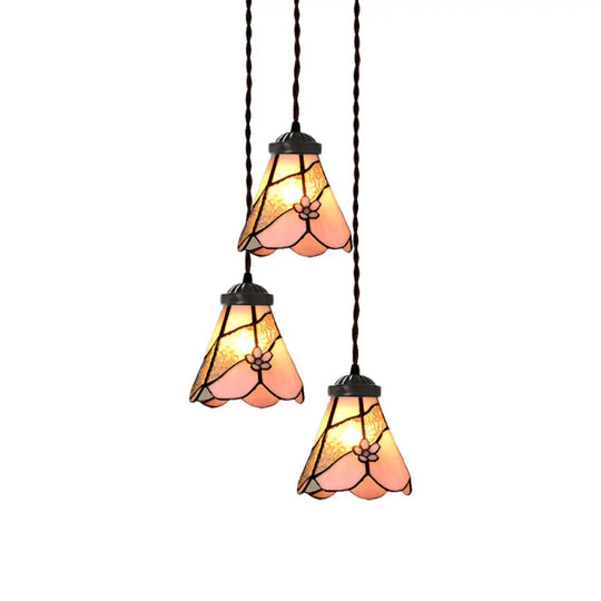 Victorian Hanging Light Kit - Pink Stained Glass Cluster Pendant With Morning Glory Design / Flower
