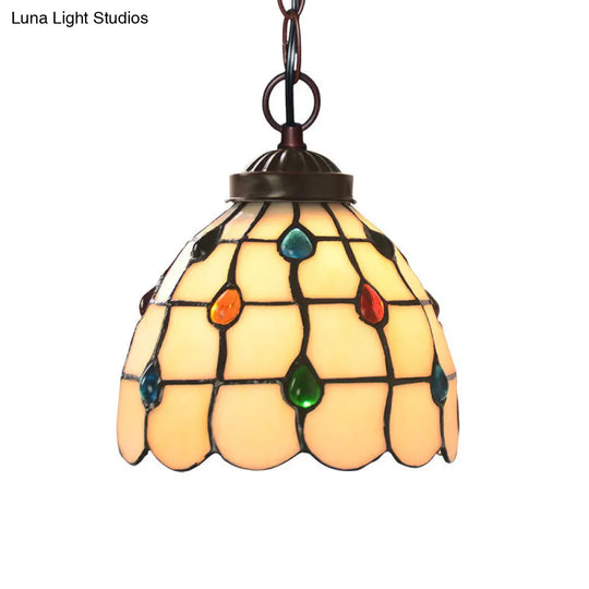 Victorian Lattice Dome 1-Light Hanging Lamp Kit - White Glass Copper Suspension Light With Gem