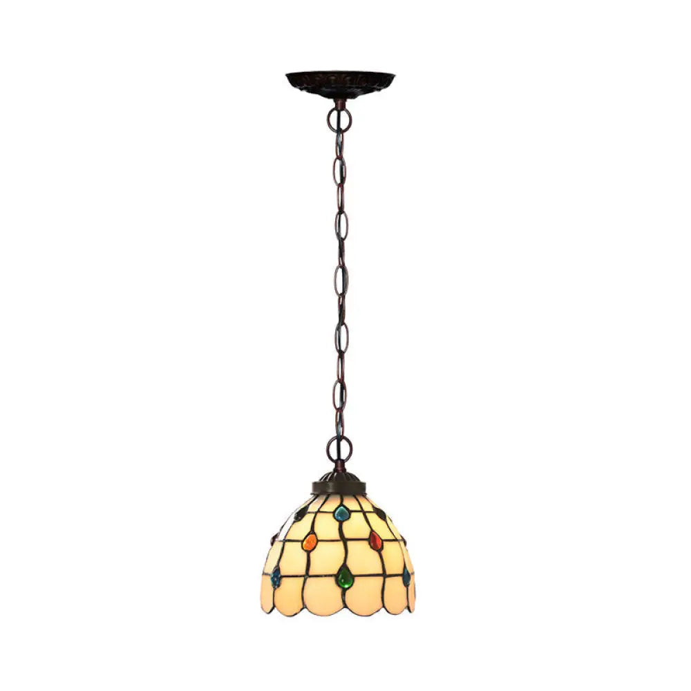 Victorian Lattice Dome 1-Light Hanging Lamp Kit - White Glass Copper Suspension Light With Gem