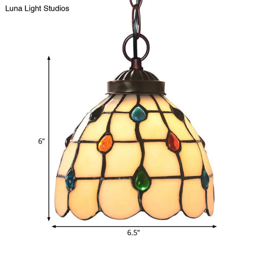 Victorian Lattice Dome 1-Light Hanging Lamp Kit - White Glass Copper Suspension Light With Gem