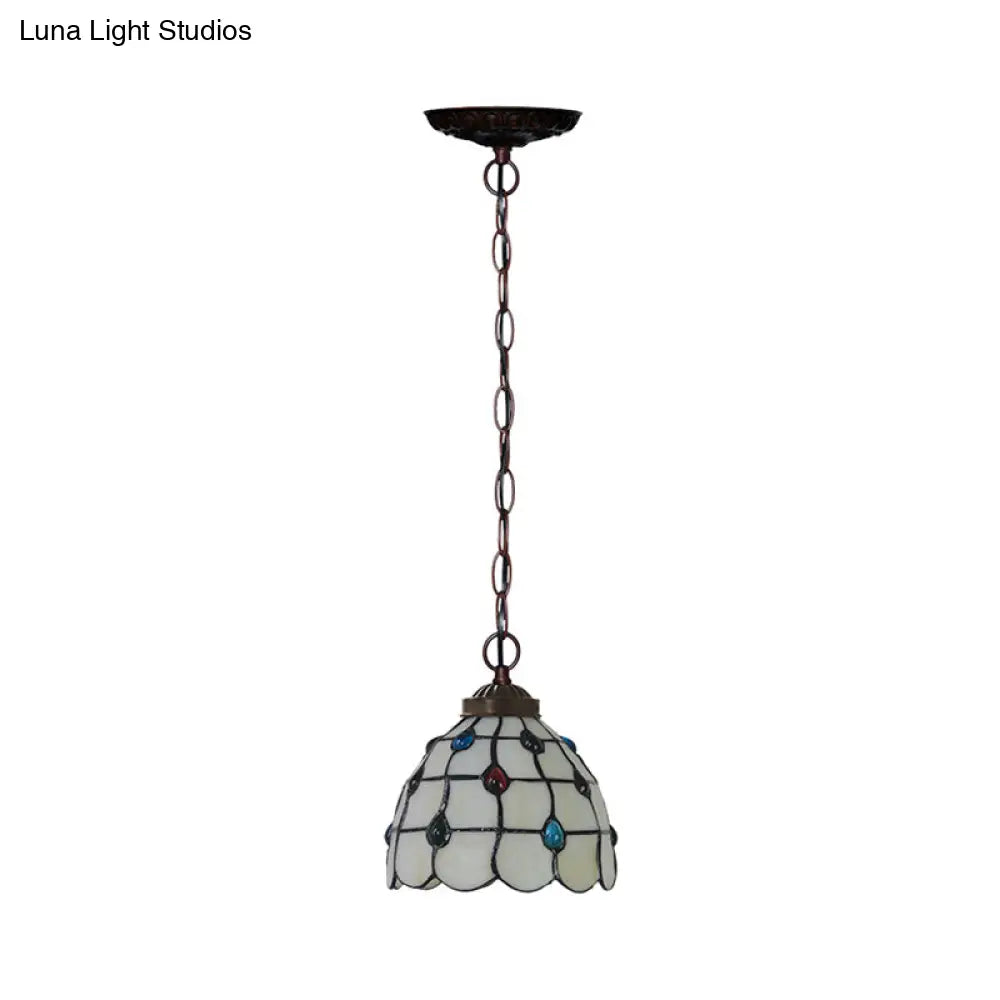 Victorian Lattice Dome 1-Light Hanging Lamp Kit - White Glass Copper Suspension Light With Gem