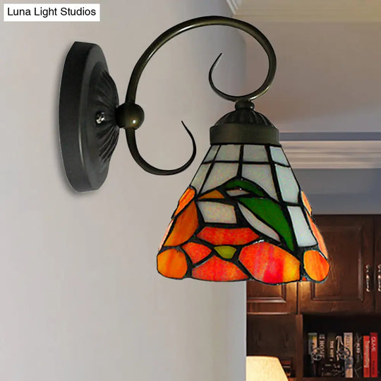 Victorian Peony Stained Glass Sconce Light With Arm - Black Wall Mount