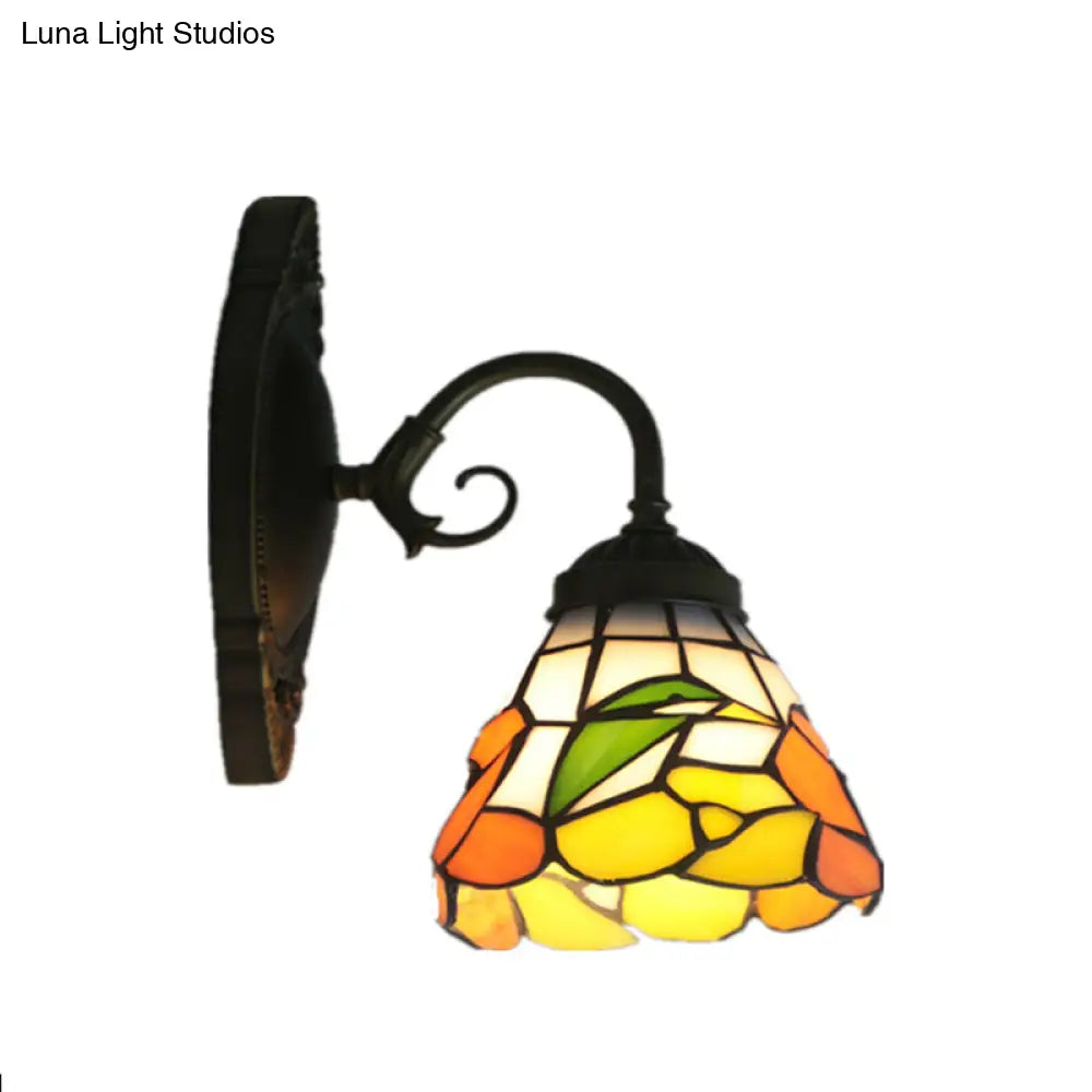 Victorian Peony Stained Glass Sconce Light With Arm - Black Wall Mount