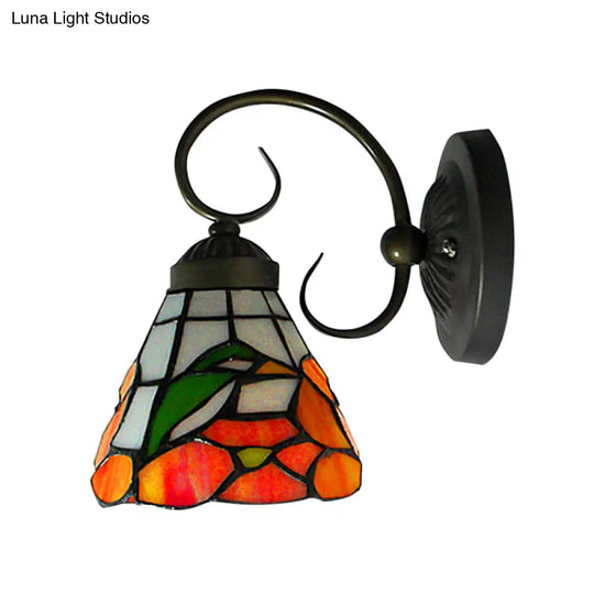 Victorian Peony Stained Glass Sconce Light With Arm - Black Wall Mount