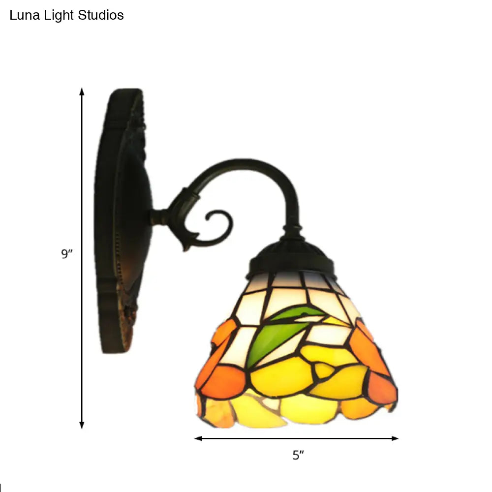 Victorian Peony Stained Glass Sconce Light With Arm - Black Wall Mount