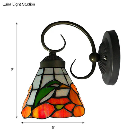 Victorian Peony Stained Glass Sconce Light With Arm - Black Wall Mount