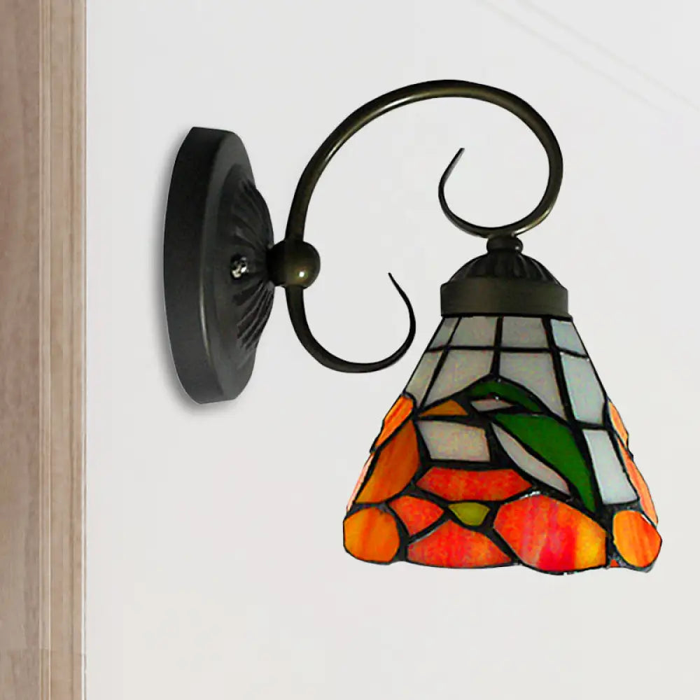 Victorian Peony Stained Glass Sconce Light With Arm - Black Wall Mount / Curved