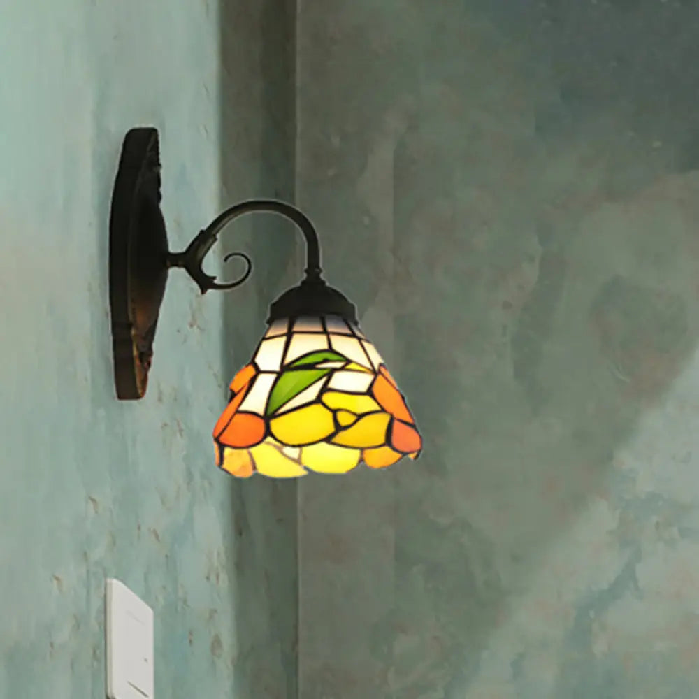 Victorian Peony Stained Glass Sconce Light With Arm - Black Wall Mount / Straight