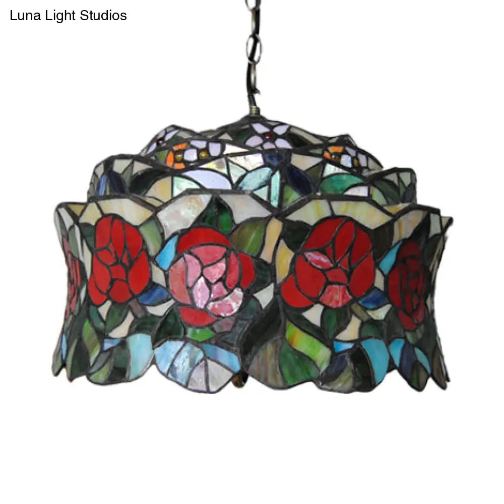 Victorian Red Stained Glass Drum Hanging Lamp Pendant Light Kit - Set Of 3 Bulbs Perfect For Living