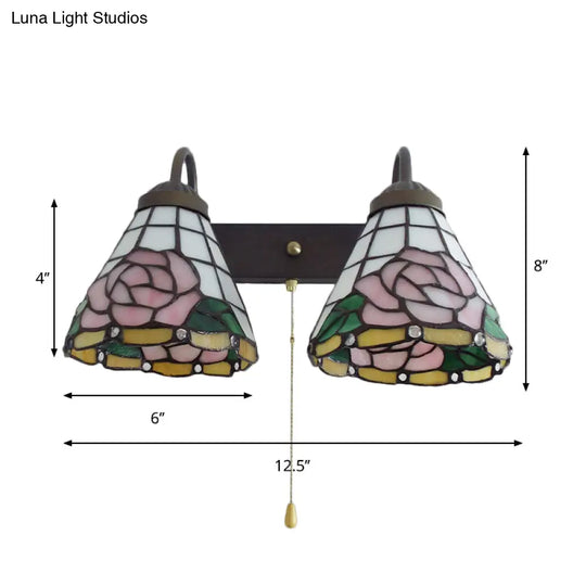 Victorian Rose Stained Glass Wall Sconce With 2 Pink Lights And Pull Chain Switch