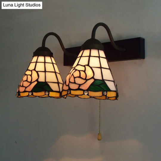 Victorian Rose Stained Glass Wall Sconce With 2 Pink Lights And Pull Chain Switch