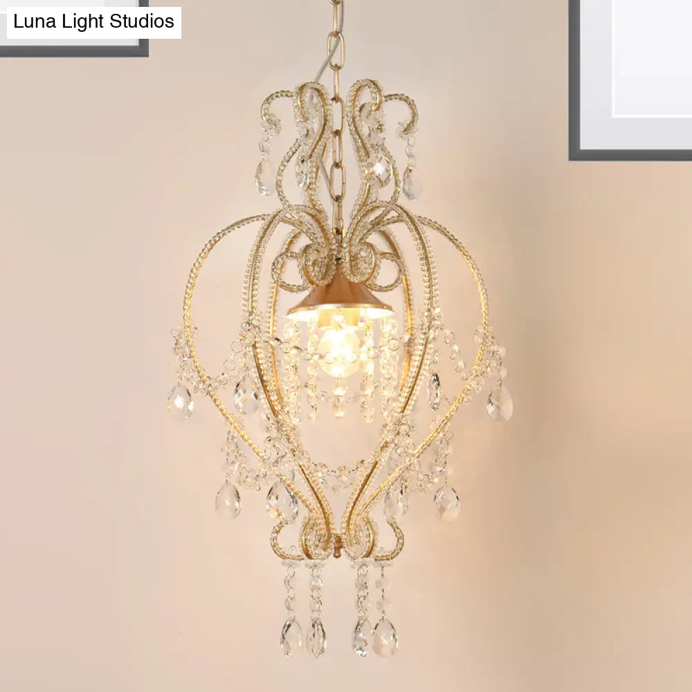 Victorian Scroll Frame Pendant Ceiling Lamp - Single Golden Metallic Light With Crystal Accent