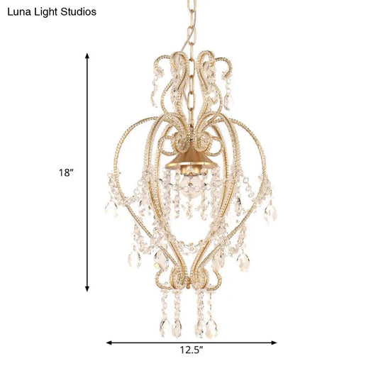 Victorian Scroll Frame Pendant Ceiling Lamp - Single Golden Metallic Light With Crystal Accent