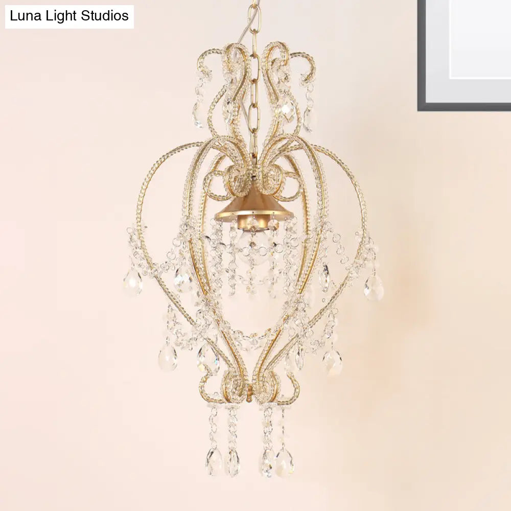 Victorian Scroll Frame Pendant Ceiling Lamp - Single Golden Metallic Light With Crystal Accent