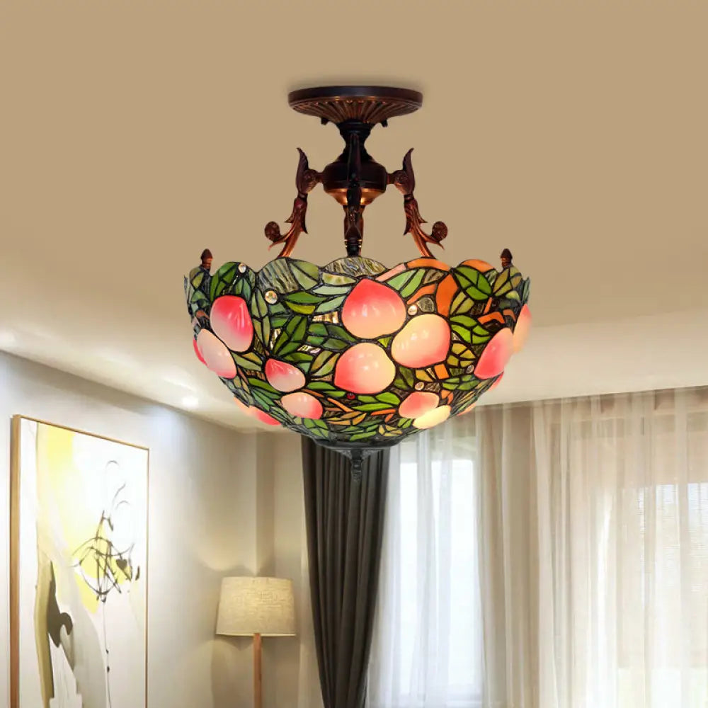 Victorian Semi Flush Stained Glass Ceiling Lamp For Bedroom - 3 - Head Green/Pink Grape/Peach