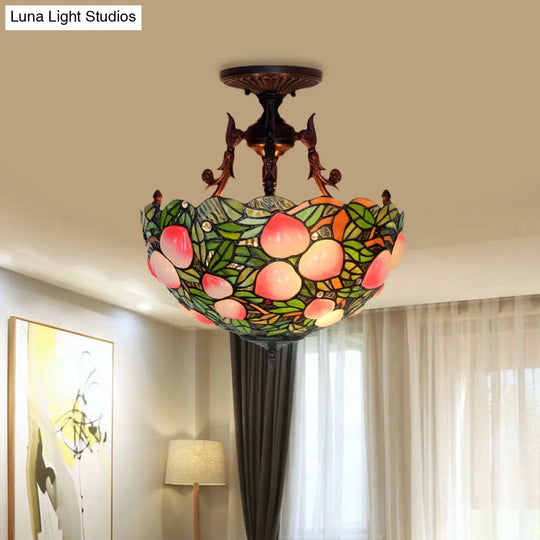 Victorian Domed Stained Glass Ceiling Lamp - 3-Head Semi Flush Light Fixture In Green/Pink With