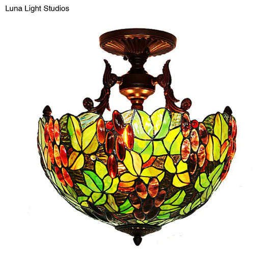 Victorian Domed Stained Glass Ceiling Lamp - 3-Head Semi Flush Light Fixture In Green/Pink With