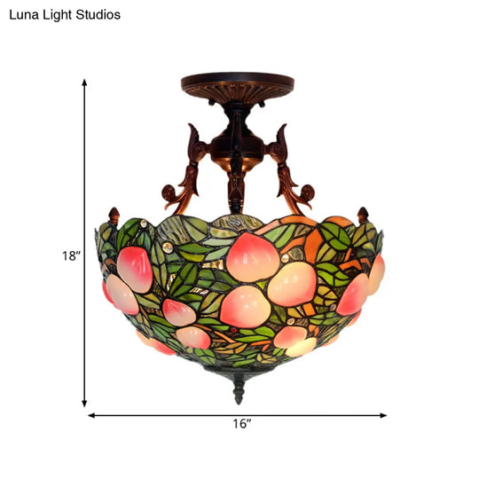 Victorian Semi Flush Stained Glass Ceiling Lamp For Bedroom - 3 - Head Green/Pink Grape/Peach