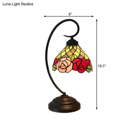 Victorian Stained Art Glass Rose Patterned Desk Lamp In Dark Coffee - Table With 1 Head