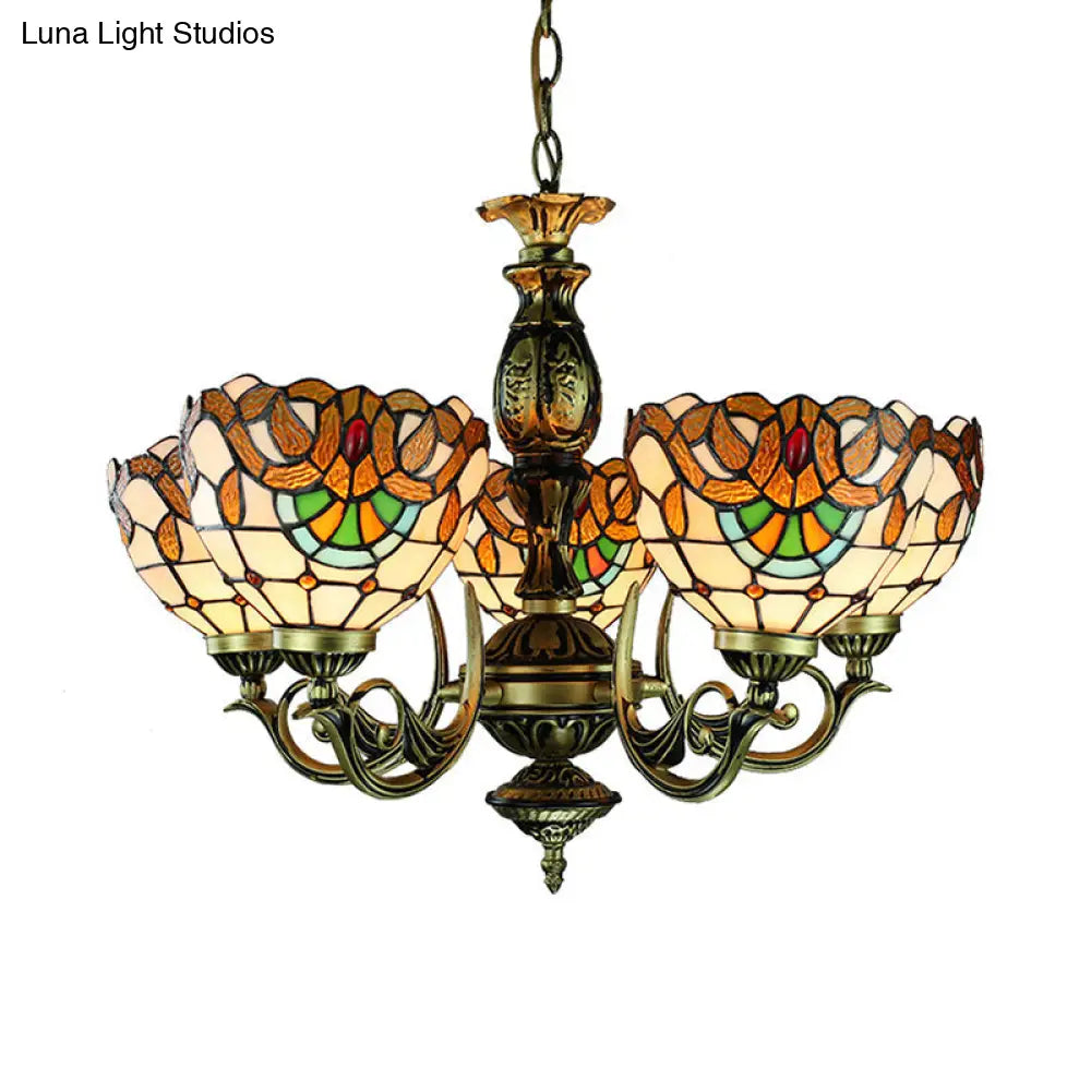 Victorian Stained Glass 5-Light Pendant Chandelier With Height Adjustment