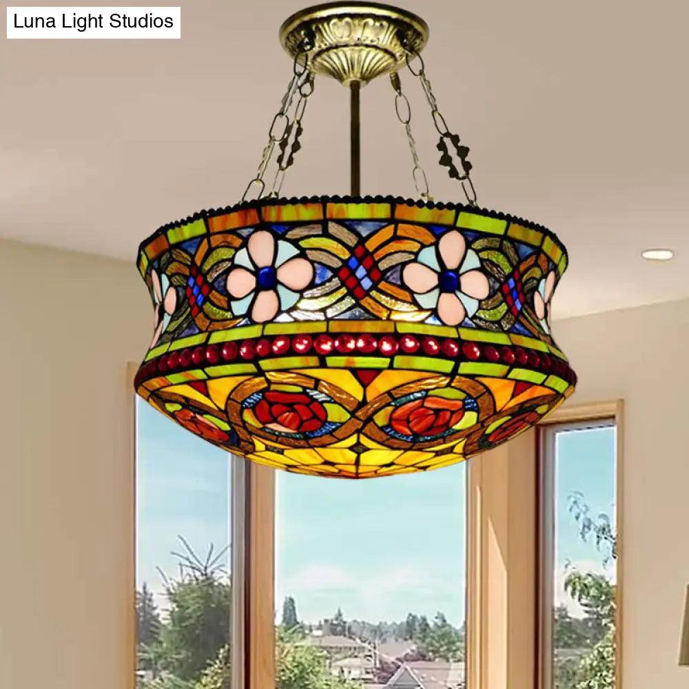 Victorian Stained Glass 5 - Light Semi Mount Ceiling Fixture For Bedroom - Brown