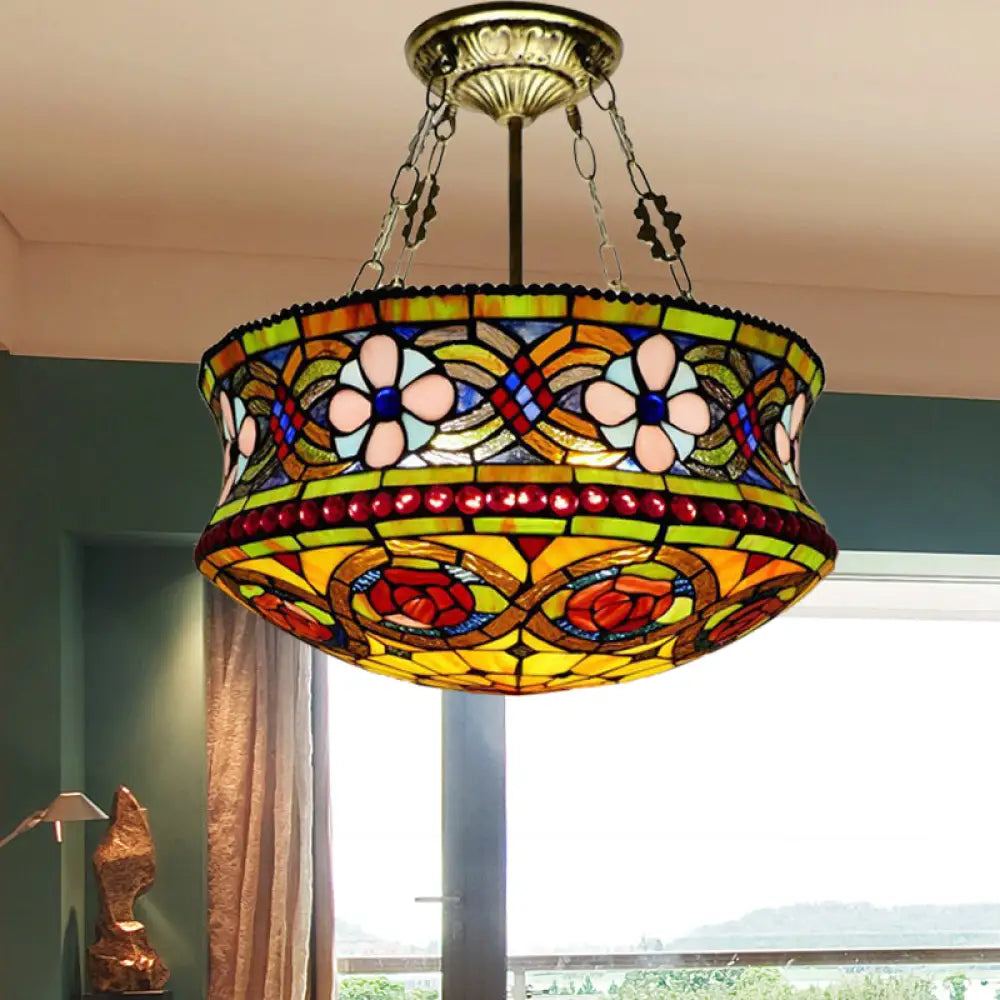 Victorian Stained Glass 5 - Light Semi Mount Ceiling Fixture For Bedroom - Brown