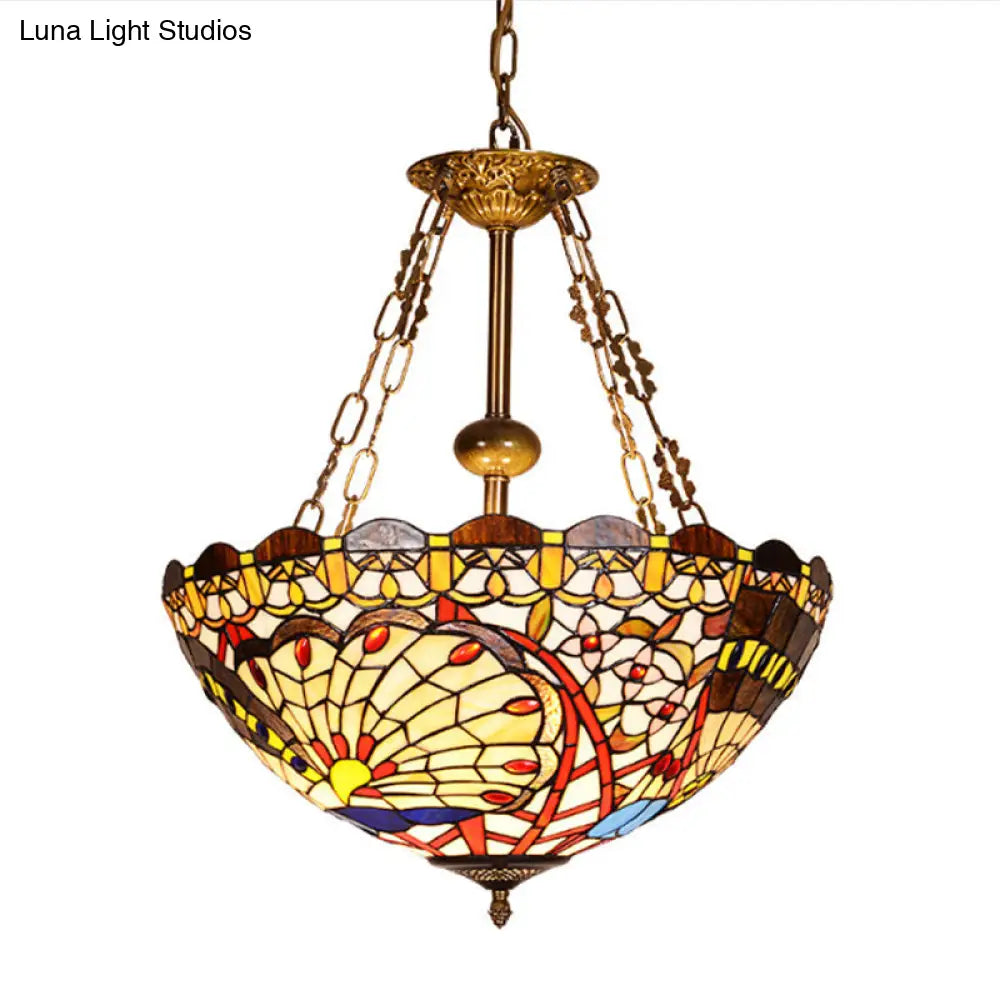 Victorian Pendant Light With Stained Glass Shades - 3 Bulbs Bowl Chandelier In Multi Color