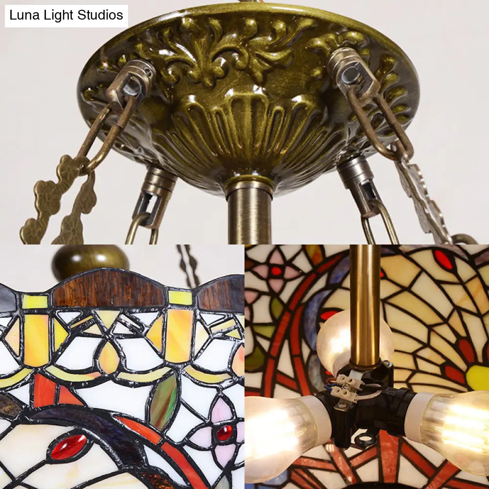 Victorian Stained Glass Bowl Chandelier With 3 Bulbs - Multi Color Pendant Light