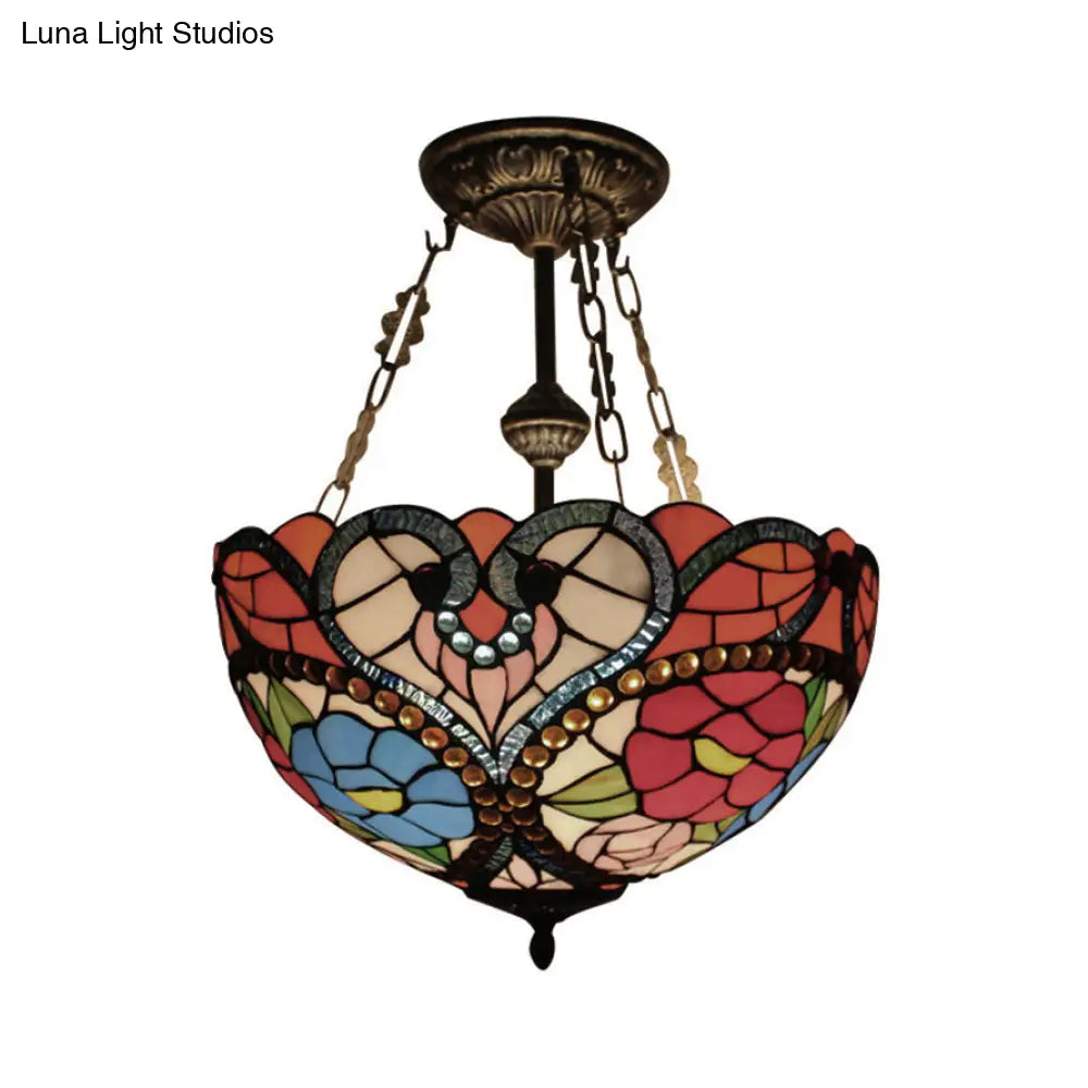 Victorian Stained Glass Ceiling Light - Elegant Semi Flush Mount With Floral Pattern