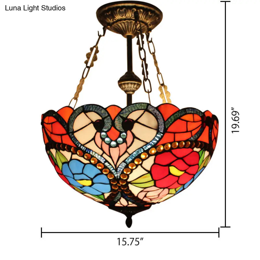 Victorian Stained Glass Ceiling Light - Elegant Semi Flush Mount With Floral Pattern