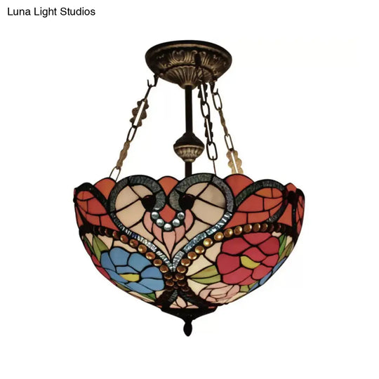 Victorian Stained Glass Ceiling Light - Elegant Semi Flush Mount With Floral Pattern