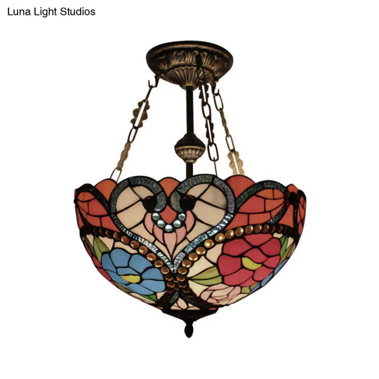 Victorian Stained Glass Ceiling Light - Elegant Semi Flush Mount With Floral Pattern