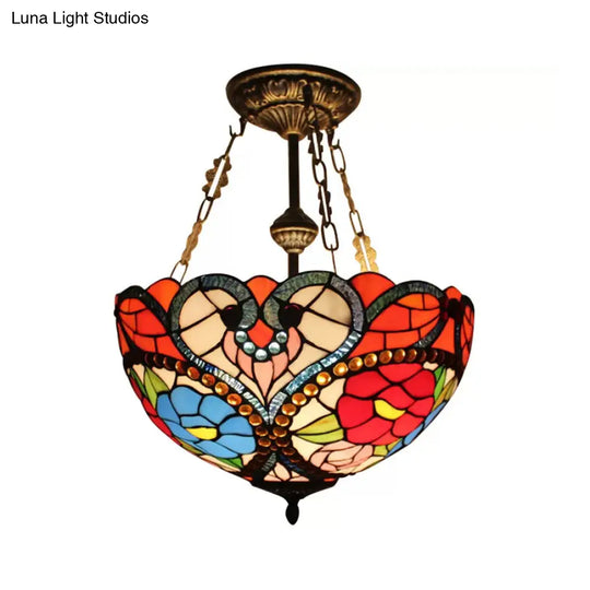 Victorian Stained Glass Ceiling Light - Elegant Semi Flush Mount With Floral Pattern Antique Brass /