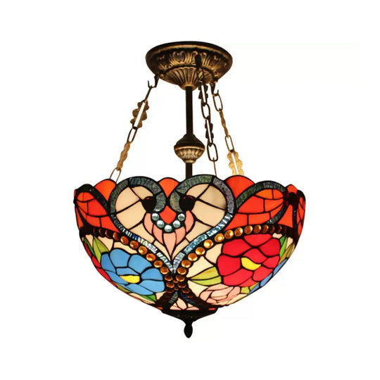 Victorian Stained Glass Ceiling Light - Elegant Semi Flush Mount With Floral Pattern Antique Brass