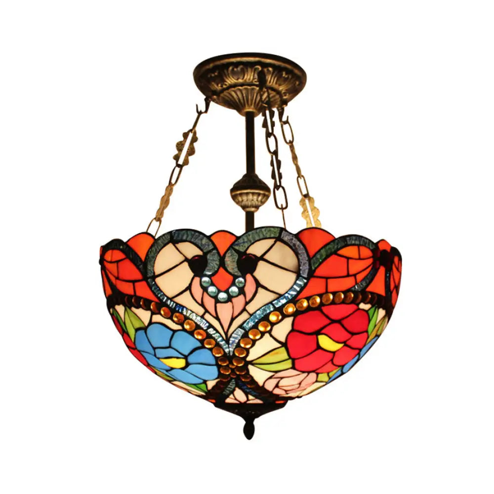 Victorian Stained Glass Ceiling Light - Elegant Semi Flush Mount With Floral Pattern Red / 16’