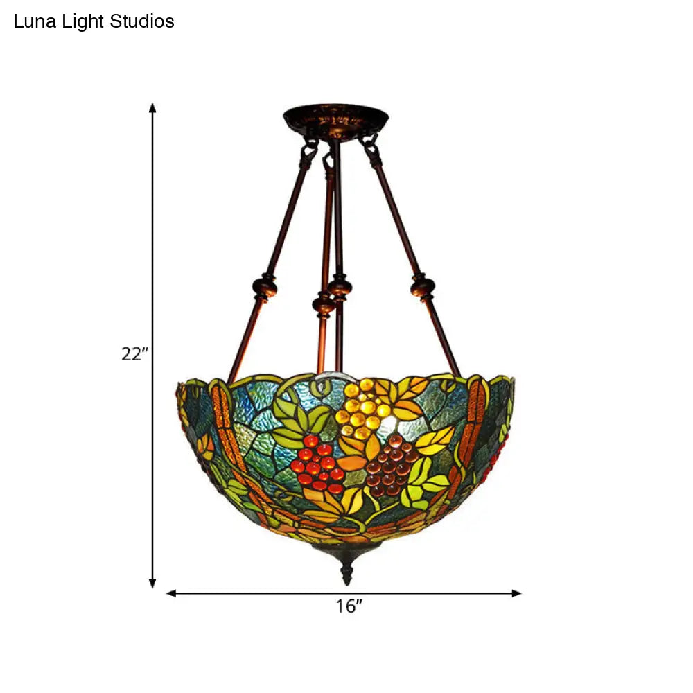 Victorian Stained Glass Ceiling Light With 3 Blossom Semi-Flush Mount Lights In Red/Orange/Green For