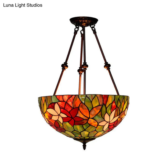 Victorian Stained Glass Ceiling Light With 3 Blossom Semi-Flush Mount Lights In Red/Orange/Green For
