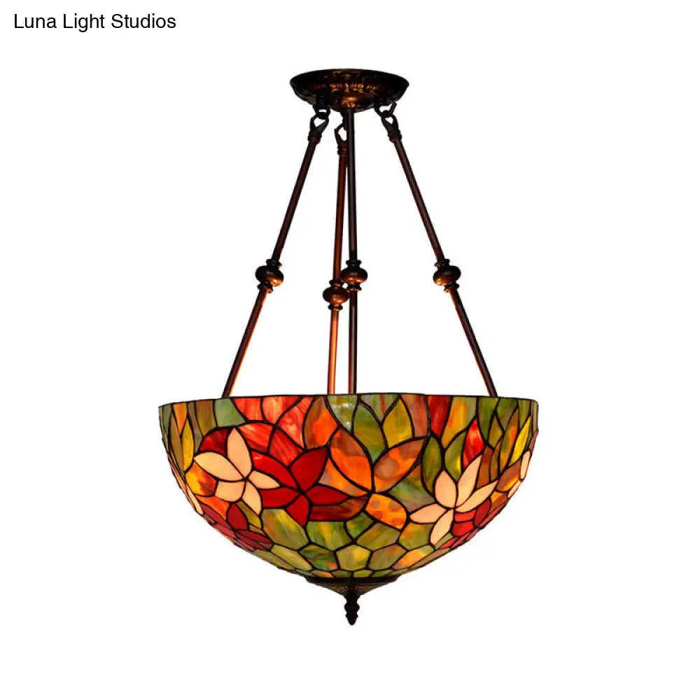 Victorian Stained Glass Ceiling Light With 3 Blossom Semi-Flush Mount Lights In Red/Orange/Green