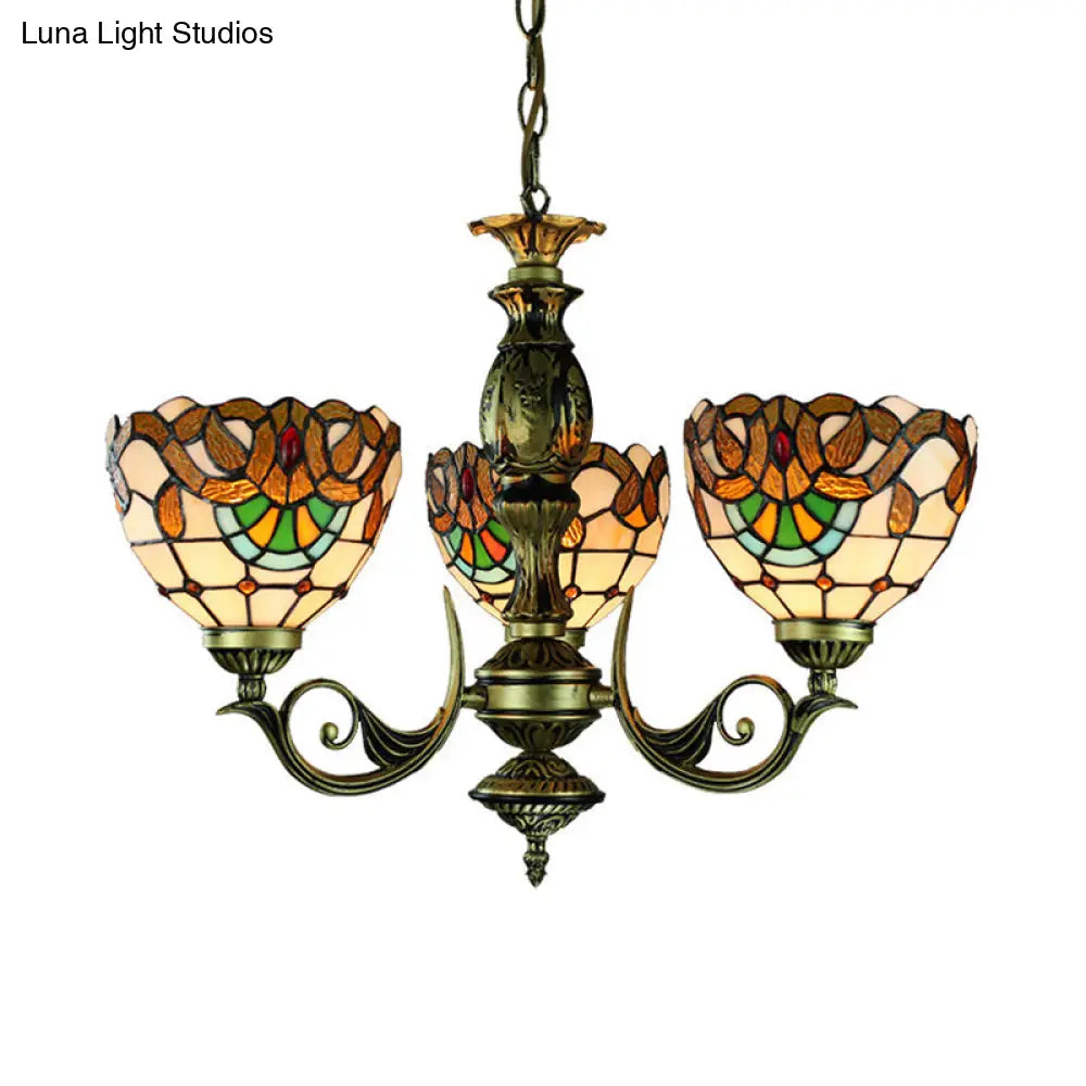 Stunning Victorian Stained Glass Bowl Chandelier - 3-Light Pendant For Dining Room