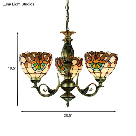 Stunning Victorian Stained Glass Bowl Chandelier - 3-Light Pendant For Dining Room