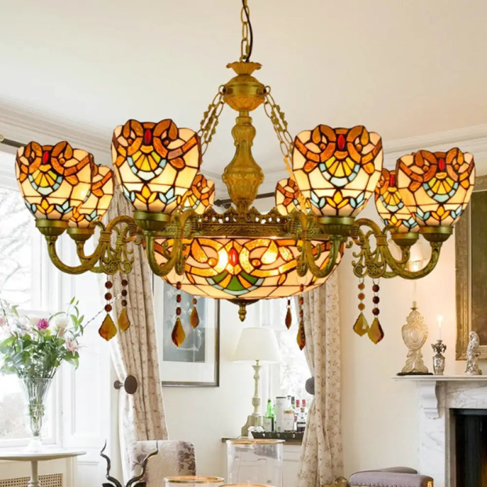 Victorian Stained Glass Chandelier With Crystal Accents - 9-Light Beige Foyer Fixture