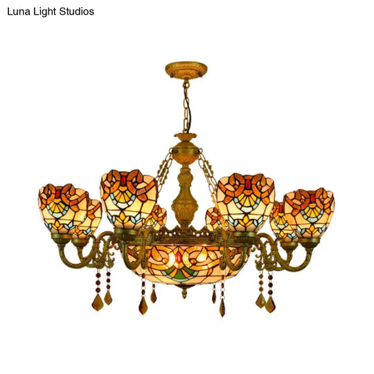 Victorian Stained Glass Chandelier With 9 Lights And Crystal Accents In Beige - Perfect For Foyer