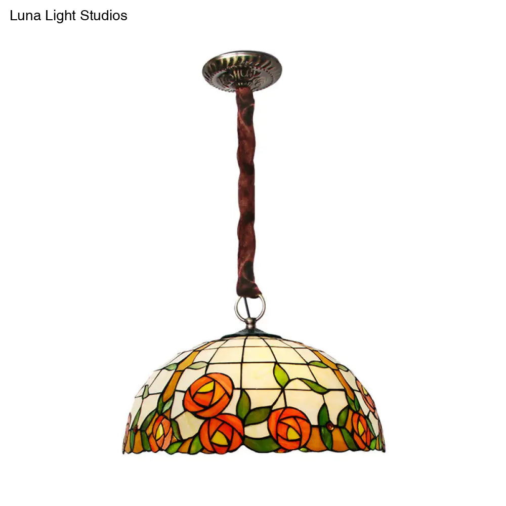 Victorian Stained Glass Chandelier With Rose Pattern - 5 Lights Bronze Finish