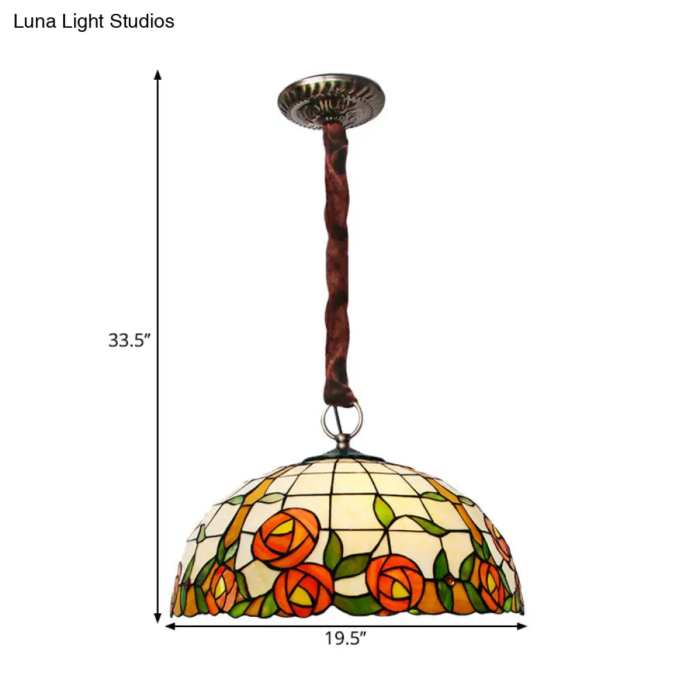 Victorian Stained Glass Chandelier With Rose Pattern - 5 Lights Bronze Finish