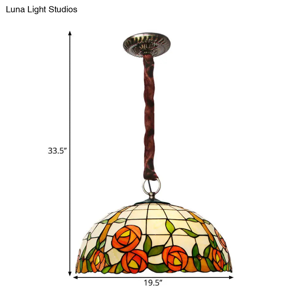 Vintage Victorian Stained Glass Chandelier - 5-Light Bronze Hanging Lamp With Rose Pattern