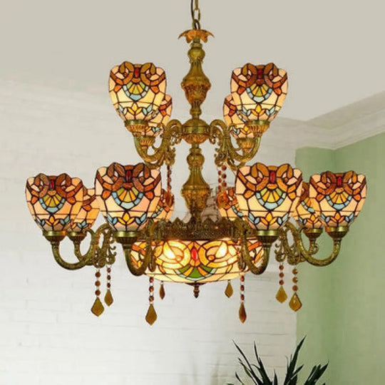 Victorian Stained Glass Crystal Chandelier Light - 15-Lights Domed Hanging Lamp In Brown Ideal For