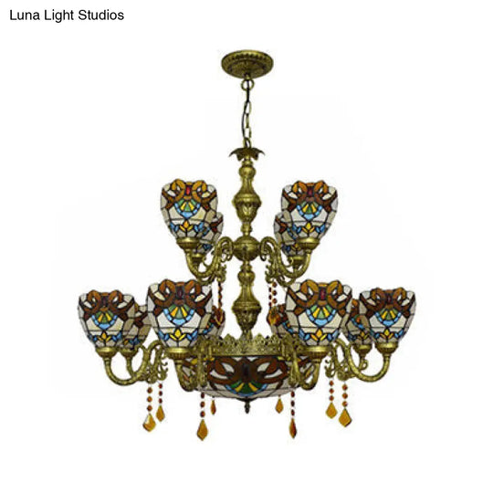 Victorian Stained Glass Crystal Chandelier: 15-Light Domed Hanging Lamp In Brown