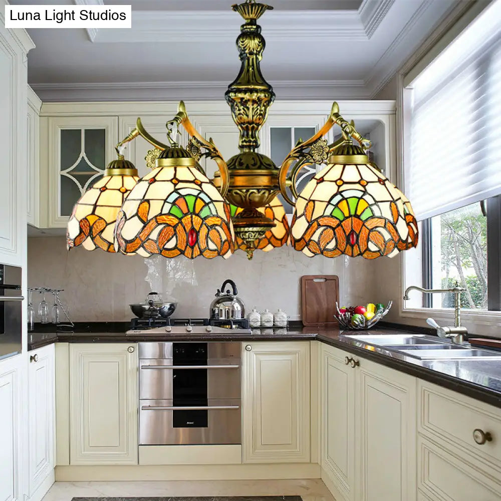 Stained Glass Victorian Dome Chandelier - 5-Light Indoor Lighting For Dining Table Yellow